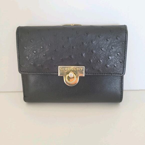 Givenchy Vintage Leather Wallet Kisslock Black Bifold Medium Compact Logo Ostric - Picture 1 of 14